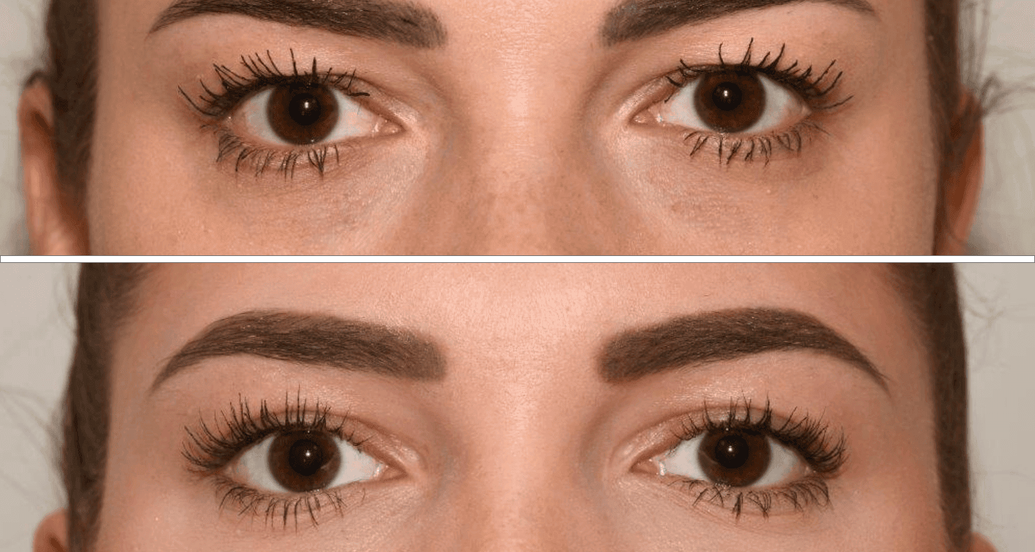 Nahaufnahme von gepflegten Augenbrauen und Augen, Fokus auf Augenbrauenform.